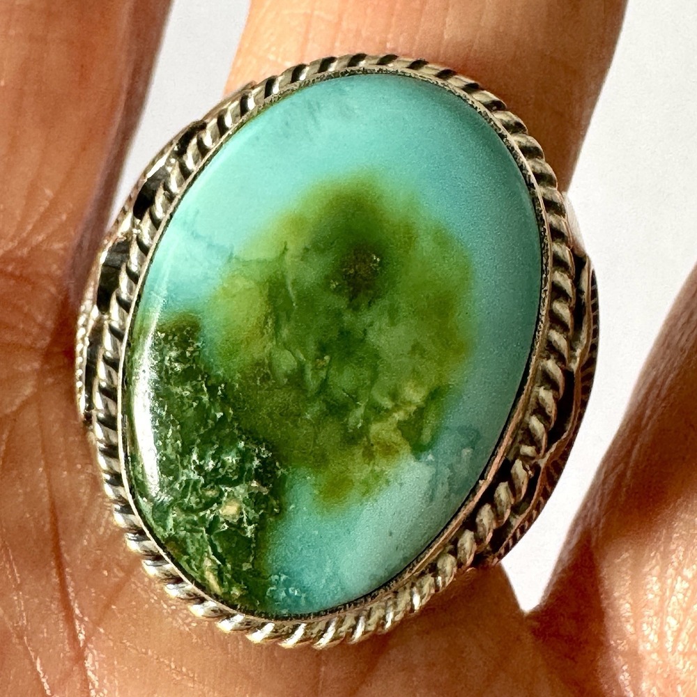 Big Navajo Sonoran Turquoise Ring Sz 8.5 Mens Sonoran Signed‎ AT Native American